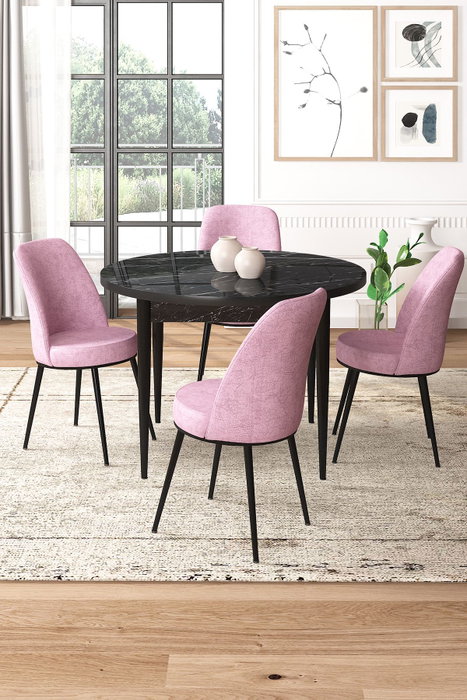 Hanah Home Juego de Comedor 5 Piezas Mármol Negro con Sillas Rosas Tablero Melamina Metal